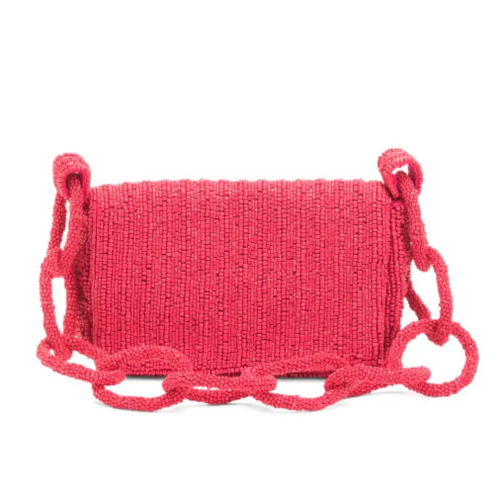 MADE IN INDIA Raspberry Sparkle Beaded Chain Strap Shoulder Bag